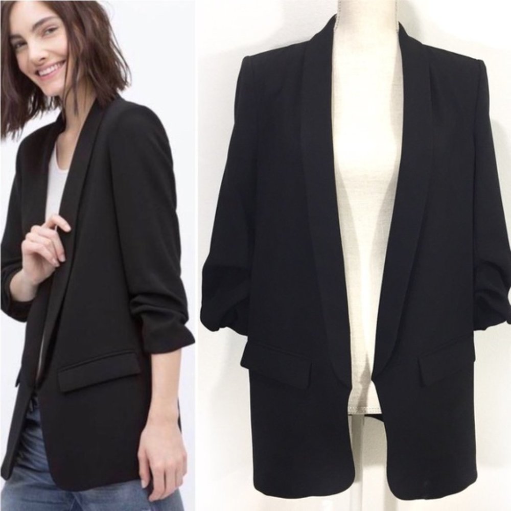 Zara Blazer - Black Ruched Three-Quarter Sleeves